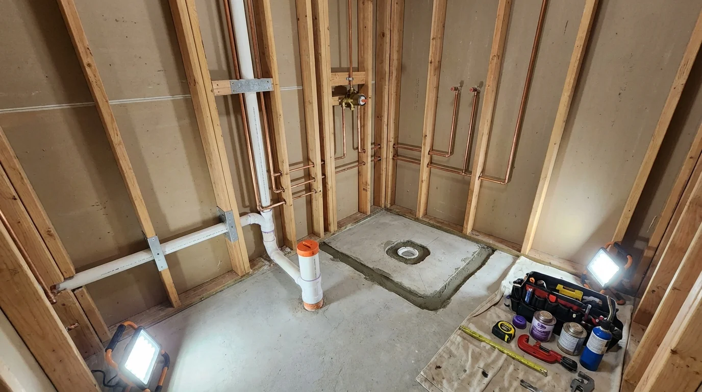 Bathroom rough-in plumbing during remodel by Johns Plumbing LLC in Port Huron