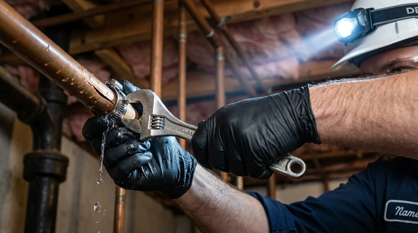 Emergency pipe clamp repair being performed by a Johns Plumbing LLC plumber in Port Huron