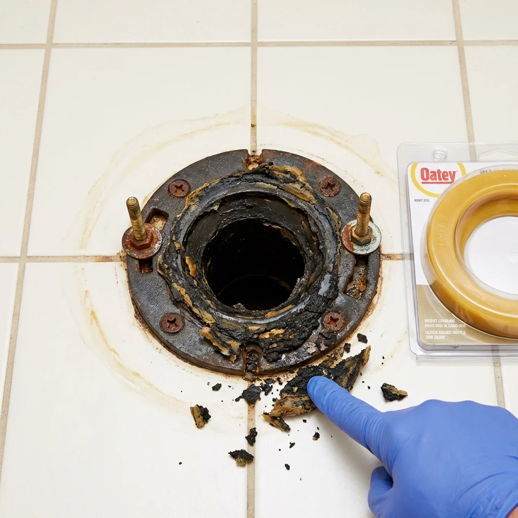 Failed wax ring showing water seepage at the base of a toilet in a Port Huron, MI home