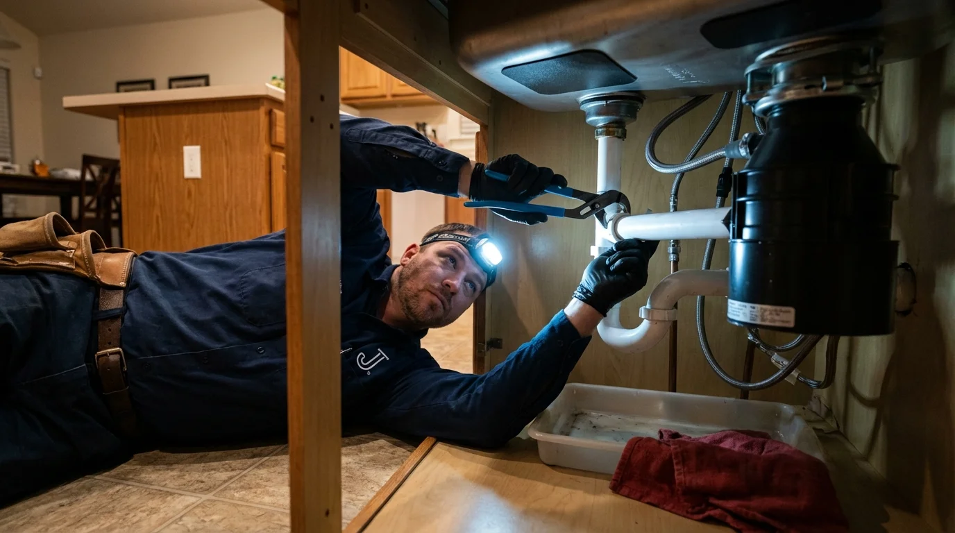 P-trap and supply line connections under a kitchen sink showing a common leak point in Port Huron, MI